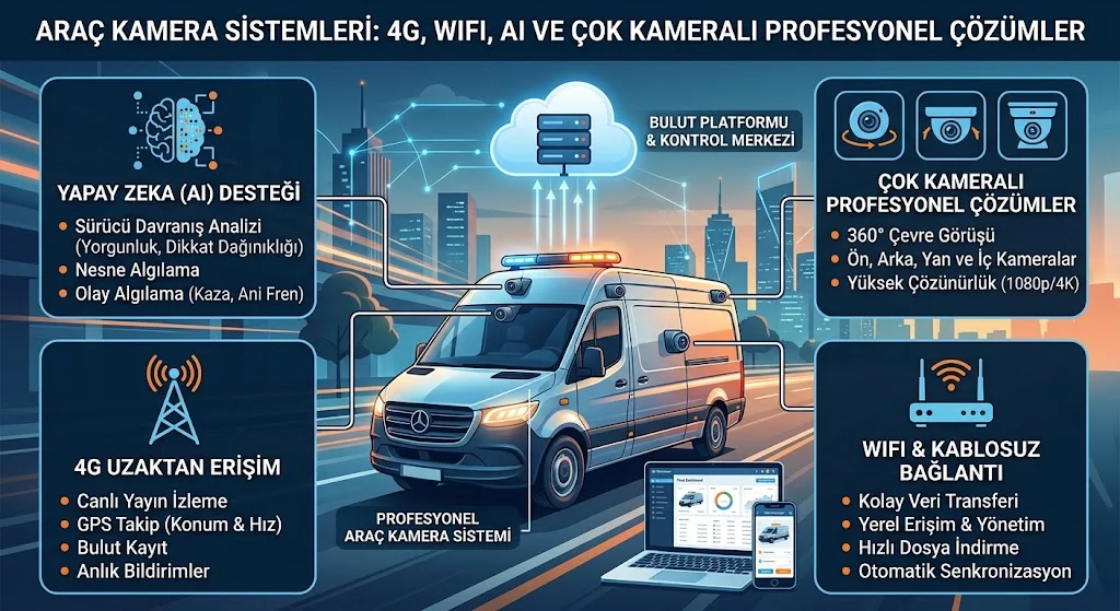 Araç Kamera Sistemleri: 4G, WiFi, AI ve Çok Kameralı Profesyonel Çözümler