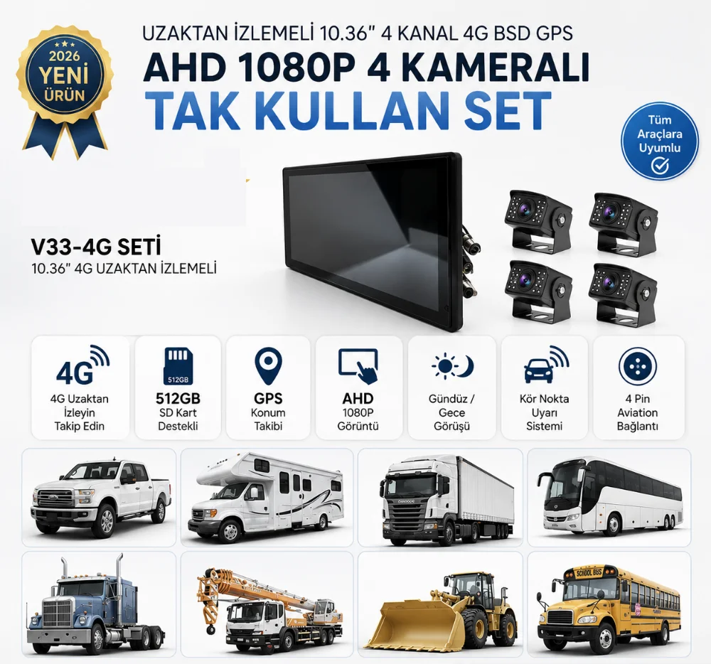 4 Kanal 4G GPS BSD Kör Nokta Uyarı Sistemli Profesyonel Araç Kamera Seti