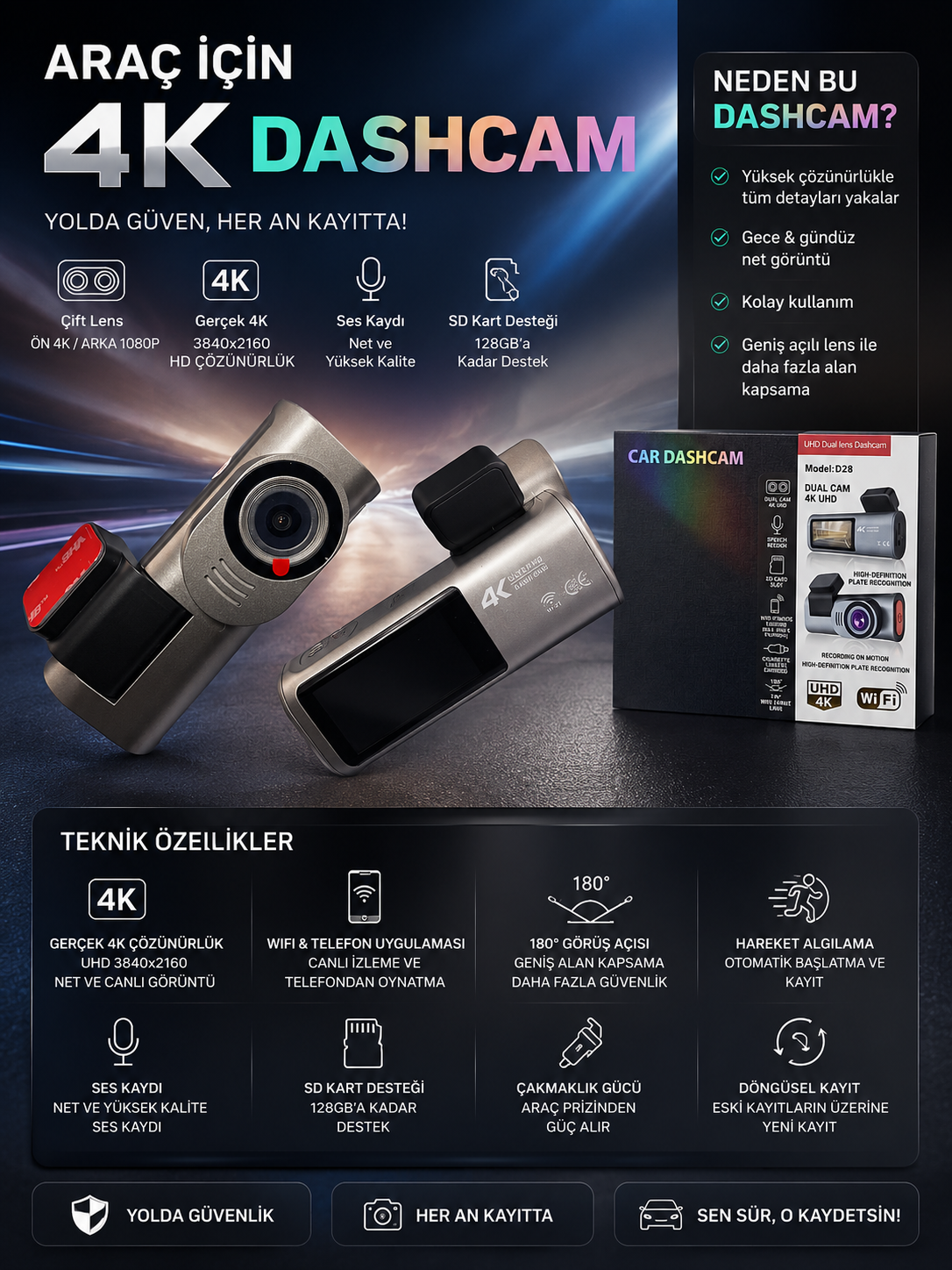 Araç İçi Kamera Wifi 4K