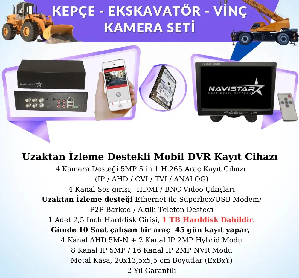 Ekskavatör Dozer Greyder Vinç Kepçe Uzaktan İzlemeli 4 Kameralı