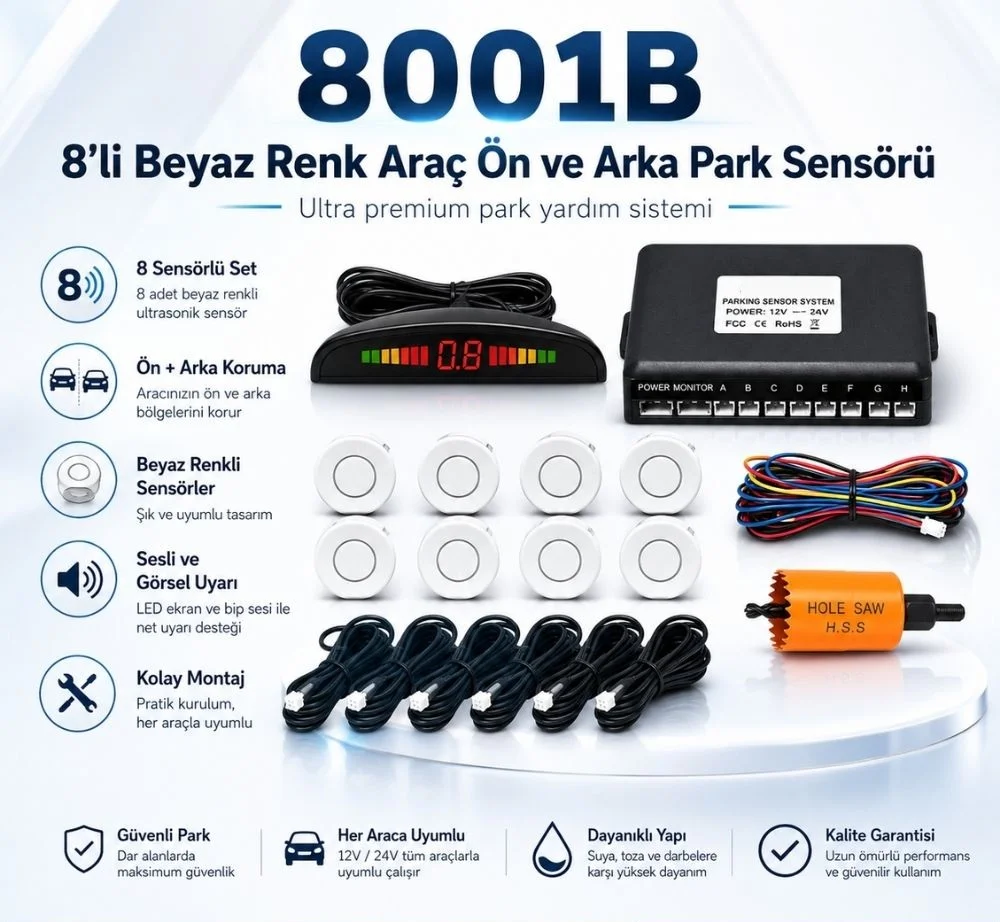 8Li Araç Ön ve Arka Park Sensörü Beyaz